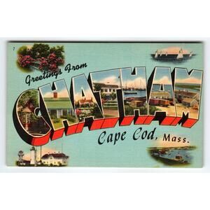 Vintage Greetings From Chatham Cape Cod Large Letter Linen Postcard Tichnor Bros